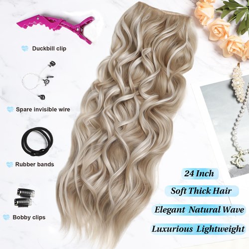 SilkStrands Invisible Wire Hair Extensions 24 Inch Secret Halo Hair Extensions with Adjustable 4 Clips Soft Transparent Lace Ash Blonde Halo Hair Extensions Natural Long Wavy Hair Extensions for Women