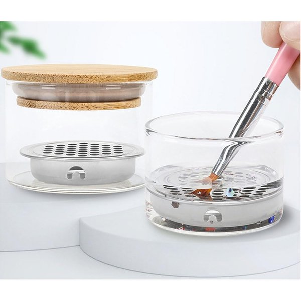 Nail Art Brushes Cleaning Cup Nail Art Glitter Pen Cleaning Cup Nail Art Bead Pen Cleaning Cup With Lid Stainless Steel Mesh Layered Crystal Cup Pen Brushes Cleaning Cup Tools