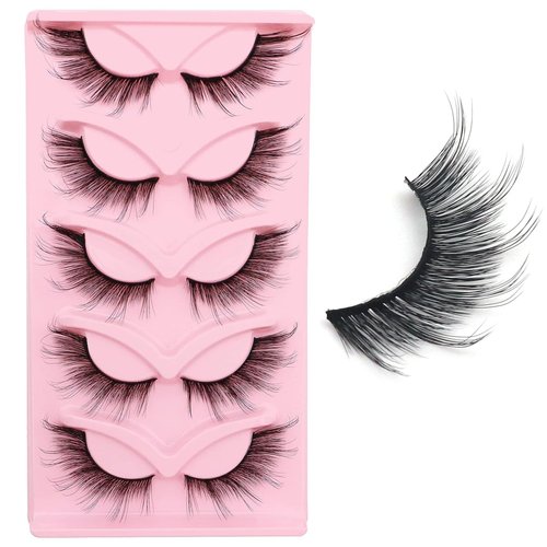 Fyonas Cat Eye Lashes Wispy L Curl Fake Eyelashes Extension Look 24mm Long & Dramatic False Eyelashes Doll Fox Eye Lashes 5 Pairs Pack (Fox Eye 03)
