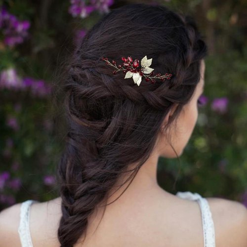 BETITETO Bridal Hair Comb Emerald Green Crystal Gold Leaf Vine Hair Piece Accessories for Wedding Bride Women Party (Wine Red)