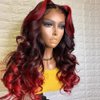 Nicy Ombre Highlight 99J Burgundy Colored Body Wave Lace Front Human Hair Wigs Glueless HD Transparent Red Frontal t parting wig(20inch, T Parting Wig)