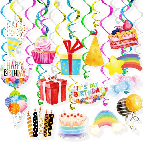 Watercolor Happy Birthday Party Hanging Swirl Banner Decor 30 Pack Sweet Candy Gifts Box Birthday Balloons Cutouts Banner Birthday Party Supplies For Girls Kids Sweet Bday Party Baby Shower Decor