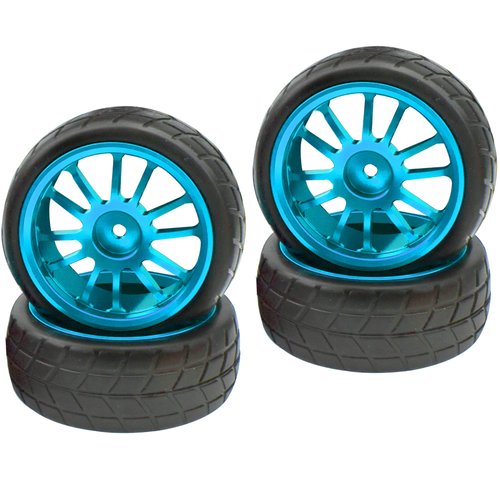 HIRCQOO OD 2.55" Rubber Tires & Metal Wheel Rims 12mm Hex Hub Compatible with HSP Tamiya HPI Kyosho 1/10 On-Road Touring Car WLtoys 1/14 144001 Traxxas 1/16 Slash 1/18 A959B RC Buggy (Blue)