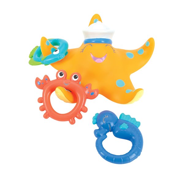 Nuby Starfish Ring Toss Bath Toy, Includes 3 Toss Rings (Crabfish, Tropical Fish and Seahorse)