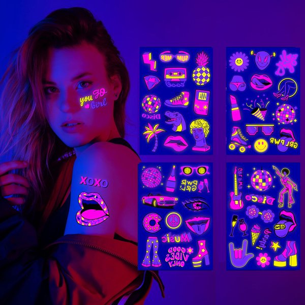 Jastli 4 Sheets Glow in The Dark Temporary Tattoos for Kids Adults Waterproof Neon UV Blacklight Body Face Flash Fake Tattoo Stickers Rave Party Supplies (Multicolor-2)