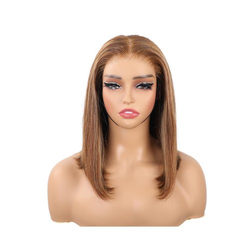 ISEE Wear and Go Glueless Wigs Human Hair Pre Plucked Pre Cut Ombre Highlight Bob Wig Human Hair for Women 180% Density 4x4 Straight Transparent Lace Front Wigs for Beginners 12 Inch