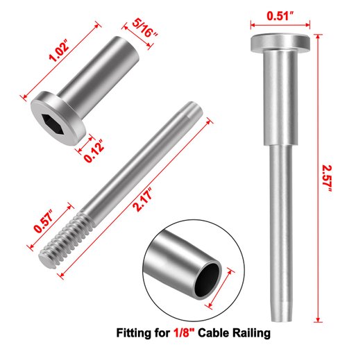 BLIKA 50 Pack Invisible Cable Railing kit, T316 Stainless Steel 1/8" Invisible Receiver and Swage Stud End for Cable Railing, Swage Tensioner 1/8" for Wood/Metal Post, Cable Railing Hardware