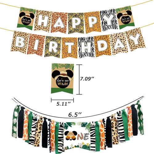 Mickey Safari First Birthday Party Supplies, Mickey Safari Happy Birthday Banner, Mickey Safari ONE Highchair Banner, Mickey Safari WILD ONE Cake Topper,10 Pcs Mickey Safari Cake Topper 12 Pcs Latex Balloons for Baby Boy Girl 1st Birthday Party Decoration