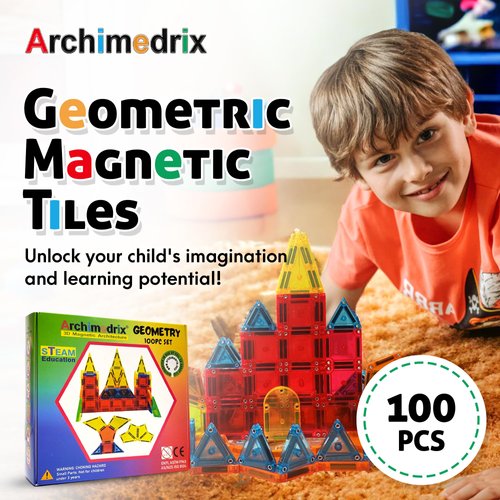 Archimedrix - Geometry Magnetic Tiles Building Blocks, Lightweight Magnetic Shapes for Kids, Phthalate and Lead-Free Magnetic Building Tiles for Kids, Durable Magnetic Blocks, 100 Pieces