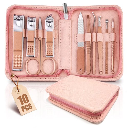 WOAMA Manicure Set Travel Nail Clippers 10-Piece Toenail Clippers Pedicure Kit Stainless Steel Nail Kit for Women - Pink