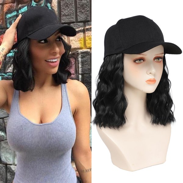 AliRobam Hat with Natural Wave hair Extensions attached for woman Baseball cap wig Short Bob Hairstyle Adjustable Wig (Black)