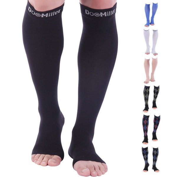Doc Miller Open Toe Compression Socks, 30-40 mmHg, Toeless, Support Circulation, Shin Splints, Calf Recovery, Varicose Veins, Knee High, Medical Grade, Black Socks, Small Size for Men & Women, Pair