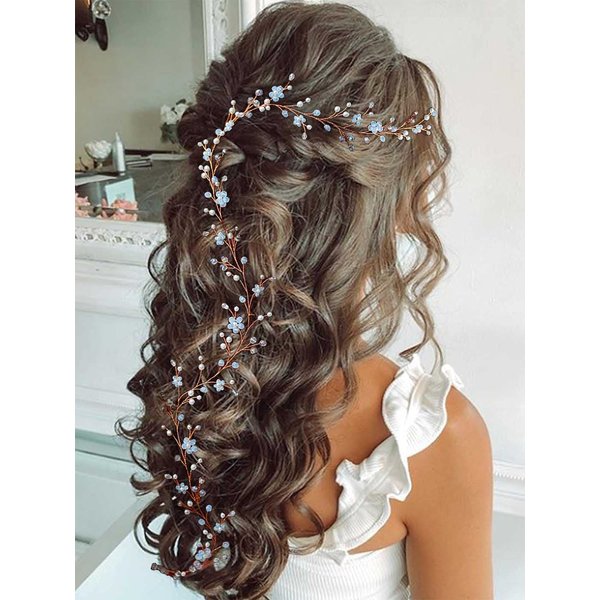 EASEDAILY Rhinestone Bride Wedding Hair Vine Rose Gold Pearl Bridal Headpieces Opal Hair Accessories for Women and Girls (27inch)