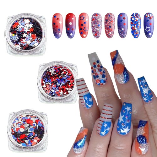 3Box Independence Day Star Glitter 4th of July Nail Art Sequins Holographic Chunky Nail Glitter Sequins Star Hexagon Nail Flake Hollow Star Circles Confetti for Women Nail Supplies Manicure Decor