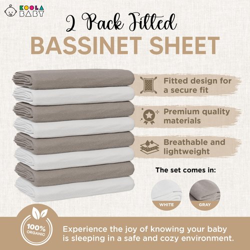 Bassinet Sheet for Bassinet Mattress - 100% Organic Jersey Knit Cotton - Snuggly Soft & Cozy Crib Sheets Fitted for Oval Rectangle & KoolaBaby Bedside Sleeper - White & Grey - 2 Pack (33 x 20)