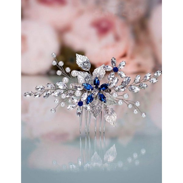 Aimimier Bridal Sapphire Crystal Hair Comb Pearl Blue Crystal Leaf Marquise Hair Piece Prom Party Festival Wedding Hair Accessories for Women and Girls (Silver)