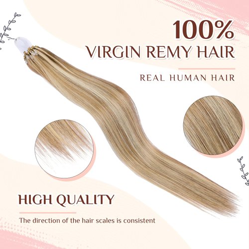 KiiKiiGirl Virgin Microlink Hair Extensions - Human Hair,20inch Micro link Hair Extensions Human Hair Micro Beads Hair Extensions Human Hair Chocolate Brown to Caramel Blonde 30G/Pack