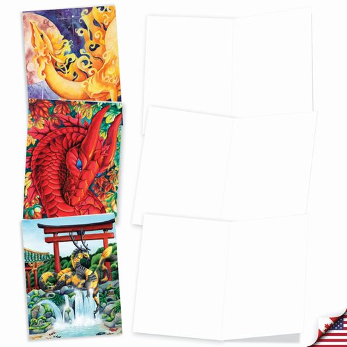 The Best Card Company - 10 Blank Note Cards for Kids (4 x 5.12 Inch) - Fun Mythical Fantasy Cards, Assorted Greetings Boxed - Dragon Dreams AM6293OCB-B1x10