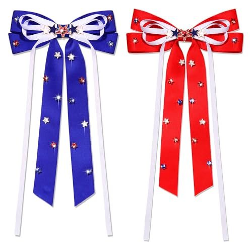 4th of July Accessories Hair Bows for Women Red White and Blue Silky Satin Hair Bows Jeweled American Flag Star USA Hair Bow Clips Fourth of July Patriotic Hair Accessories Outfits Party Favors Gifts
