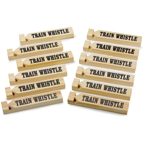 Kicko 12 Pack Wooden Train Whistles, 5.75 Inch - Printed On A Locomotive and Words Train Whistle and Choo Choo - for Kids of All Ages, Party Favor