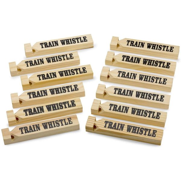 Kicko 12 Pack Wooden Train Whistles, 5.75 Inch - Printed On A Locomotive and Words Train Whistle and Choo Choo - for Kids of All Ages, Party Favor
