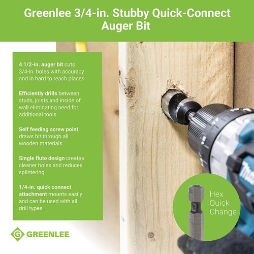 Greenlee 60A-3/4 Quick Change Wood Boring Stubby Auger Bit with 1/4" Quick Connect Attachment, Wood Boring Auger Drill Bit with Self-Feeding Screw Point