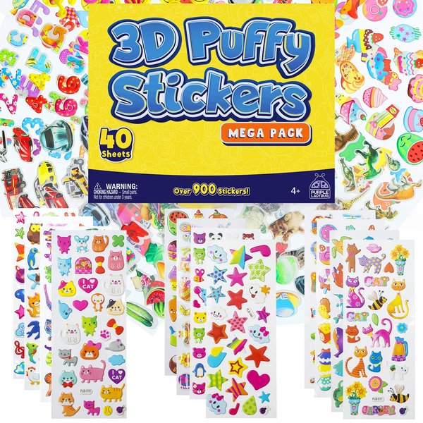 PURPLE LADYBUG 3D Puffy Stickers for Kids Activities - 40 Bulk Sticker Sheets with 950+ Cute Puffy Stickers for Toddlers 1-3 Girls & Boys - Sticker Pack Includes Fish, Animals, Alphabet, Cars, & More