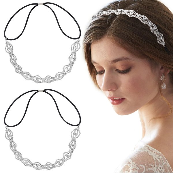 CustomyLife 2pcs Elastic Rhinestone Headband for Women, Non-Slip Sparkly Wave Head Chain Crown, Alloy Disco Crystal Hair Band Accessories for Wedding Communion Birthday Halloween-Silver