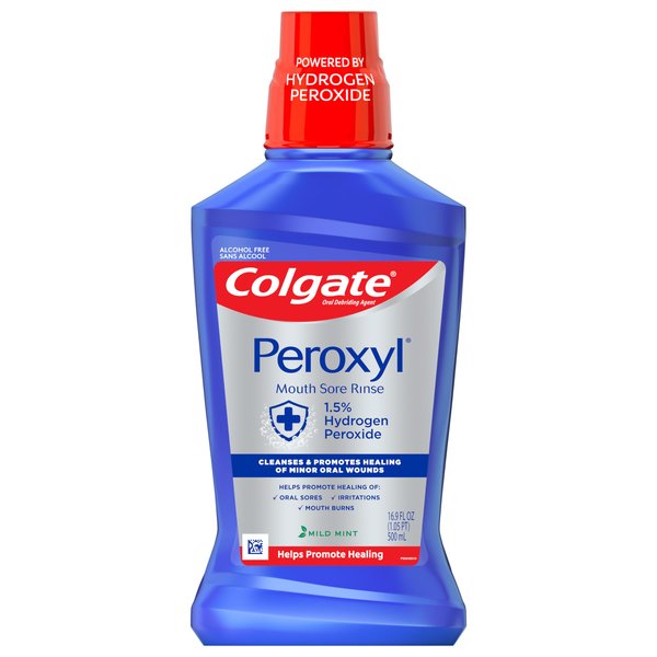 Colgate Peroxyl Antiseptic Mouthwash and Mouth Sore Rinse, 1.5% Hydrogen Peroxide, Mild Mint - 500ml, 16.9 Fluid Ounces