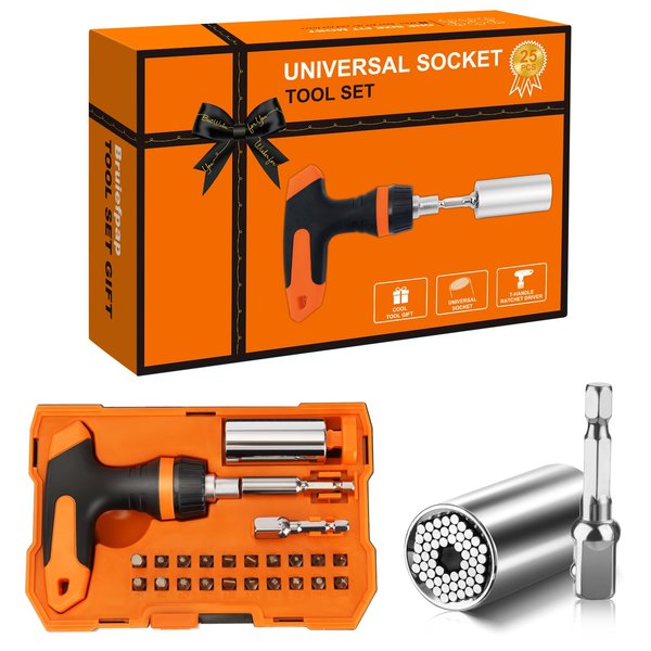 Stocking Stuffers for Adult Men Women, Super Universal Socket Tool, Christmas Gifts forDad Husband Handyman, Set of 25 with Power Drill Adapter, T-Handle Ratchet Driver & 20 Screwdriver Bits