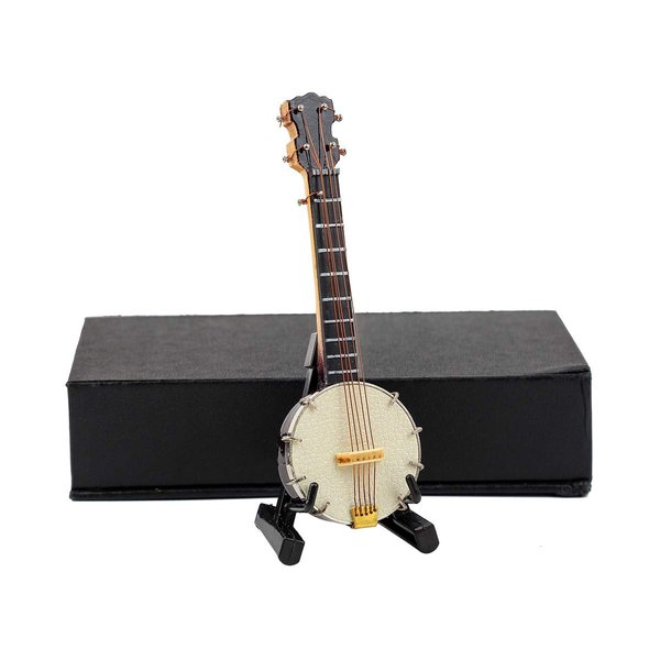 Dselvgvu Miniature Banjo with Stand and Case Mini Musical Instrument Collectible Mini Banjo Replica Miniature Dollhouse Model Christmas Ornament (3.94"x1.31"x0.55")