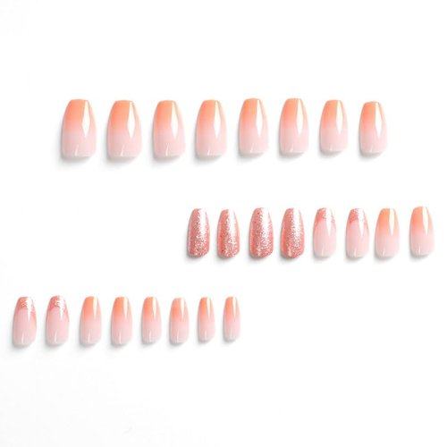 BAOYAALIN Orange Ombre Press on Nails Short Medium Coffin Fake Nails with Glitter Design Glue on Nails for Women Girls Acrylic Ballerina False Nails Stick on Nails Press on Nail for Wedding 24Pcs