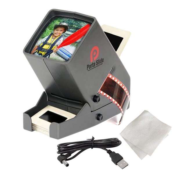 Porta Slide PS-3 Slide Viewer, View 2x2 in. Slides, 35mm Film Strips & Negatives, LED Viewing light, 4 in. Screen, 3x Magnification w/Cleaning Cloth, USB Power Cable included