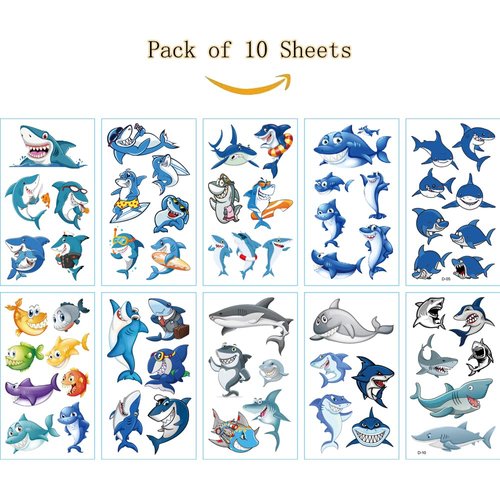 SIX VANKA (Pack of 10 Sheets) Shark Waterproof Temporary Tattoo Stickers for Kids Boys and Girls, Party Favors Decorations