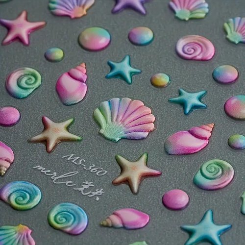 Colorful Jelly Shell Nail Stickers Summer Dreamy Ocean Starfish Conch Back Adhesive Nail Decals Colorful Shell Jelly Laser Gorgeous 5D Relief Nail Art Stickers Manicure Art for Women Girls