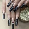 MISUD Press on Nails Long Coffin Fake Nails with Punk Designs Black French Tip Acrylic Nails Ballerina Goth Artificial Nails Glossy Glue on Nails Cross Rhinestone Stick on False Nails 24 pcs