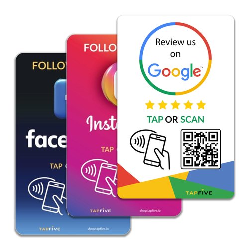 TapFive Google Review Tap Cards + Follow Us & Facebook - 3-Pack Social Pack - Instant Reviews & Followers - Compatible All Phones - Reusable Tap NFC & QR
