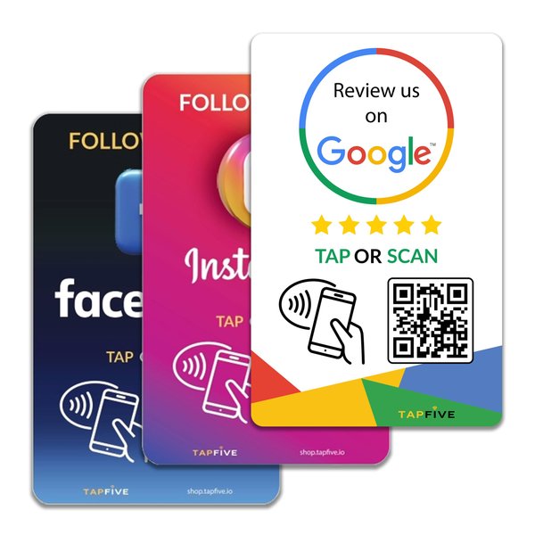 TapFive Google Review Tap Cards + Follow Us & Facebook - 3-Pack Social Pack - Instant Reviews & Followers - Compatible All Phones - Reusable Tap NFC & QR