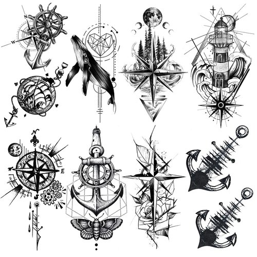 Oottati Waterproof Fake Temporary Tattoos Sticker 8 Sheets Small Cute Hand Black Compass Anchor Whale Cross Butterfly Heart