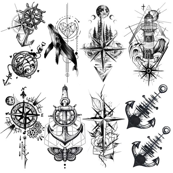 Oottati Waterproof Fake Temporary Tattoos Sticker 8 Sheets Small Cute Hand Black Compass Anchor Whale Cross Butterfly Heart