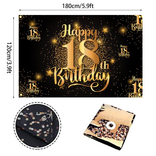 Happy 18th Birthday Backdrop Banner Step and Repeat 18 Years Old Background Decorations for Women Men Her Him Photography Party Supplies Glitter Black Gold