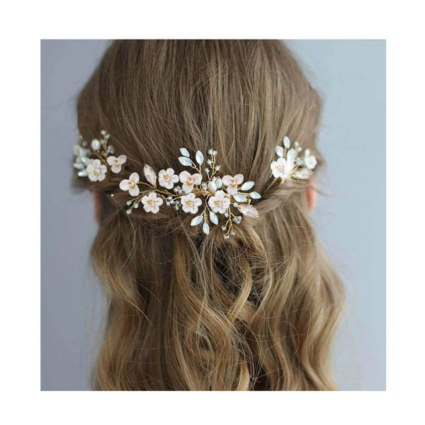 Campsis Bridal Wedding Hair Comb Silver Flower Rhinestone Sparkly Crystal Bride Leaf Side Combs Pearl Hair Accessories for Women and Girls (Gold)
