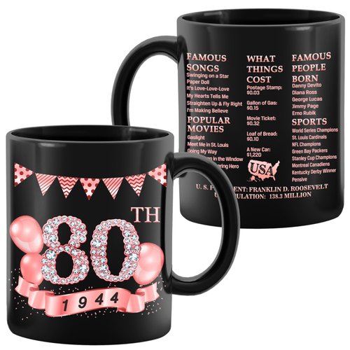 MiCa Birthday Gifts for Women, 1944 Old Time Information 80th Birthday Mug, 80th Birthday Gifts for Women, Birthday Party Decor, 80th Birthday Mug