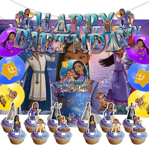 42pcs Wish Birthday Party Supplies Pack Includes，Banner，Cake Topper，Blackdrop,Balloons for Wish party supplies