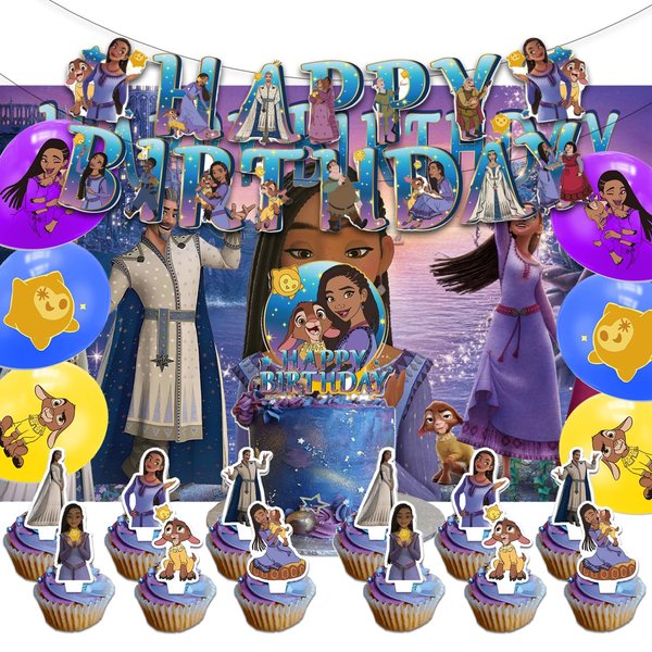 42pcs Wish Birthday Party Supplies Pack Includes，Banner，Cake Topper，Blackdrop,Balloons for Wish party supplies
