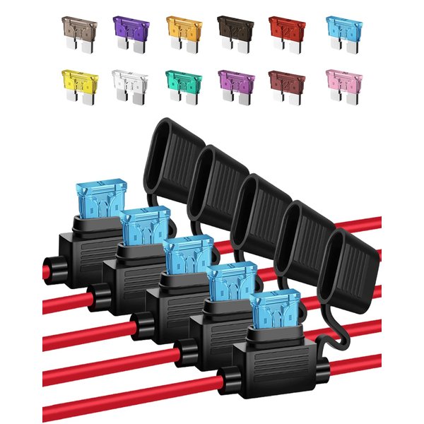 5 Pack 12 AWG Inline Fuse Holder - Automotive Replacement Fuse Holder with 60 Pcs (2A, 3A, 5A, 7.5A, 10A, 15A, 20A, 25A, 30A, 35A, 40A, 50A) ATC/ATO Standard Blade Fuses