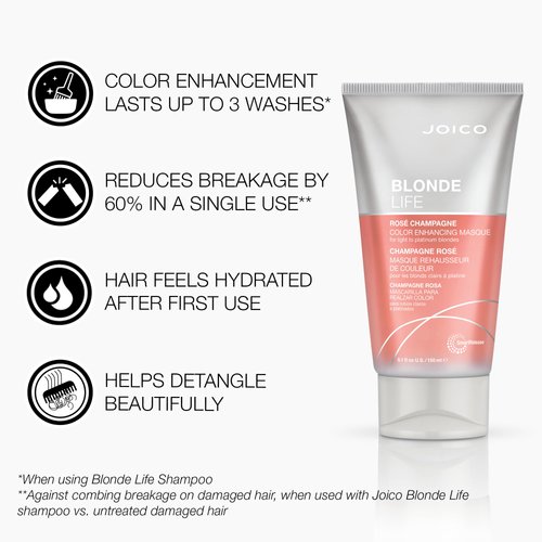 Joico Blonde Life Color Enhancing Masque | For Blonde Hair | Color Depositing Treatment | Maintain Unique Blonde Tones | Fortified With Monoi & Tamanu Oil | Rose Champagne| 5.1 Fl Oz