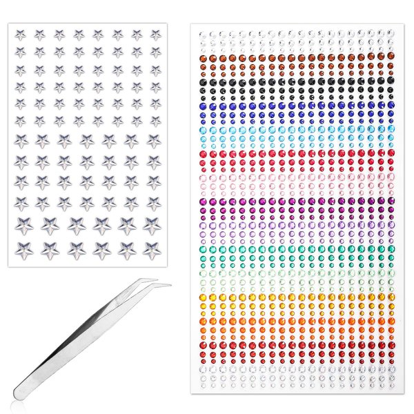 989pcs Self-Adhesive Face Jewels, 3/4/5mm Round Rainbow Face Gems with 6/8/10mm Silver Star Eye Rhinestones Glitter Hair Diamond Stickers for Makeup Body Nail Women Girls