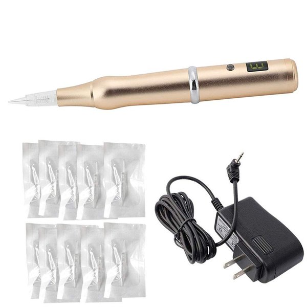Wireless/Cordless Permanent Make-up Pen Eyebrow Digital Pen Tattoo Rotary Rechargeable Machine 10PCS Needles For Eyebrows,Eyeliners, Lips And Small-Tattoo(Golden) AP657