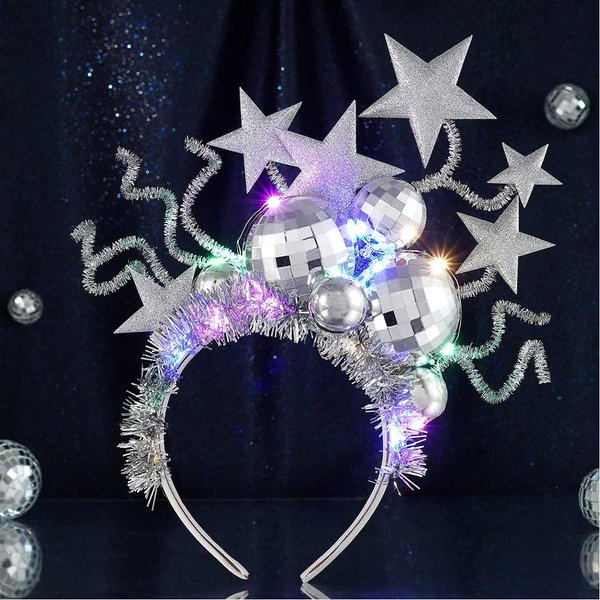 Fashey Light Up Headband Led Disco Ball Headbands Silver Glitter Star Hair Band Party Festival Hair Accessories for Women and Girls